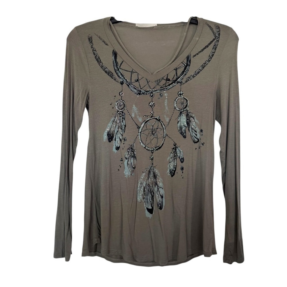 Voice of California women’s long sleeve feathered Dreamcatcher olive color Small